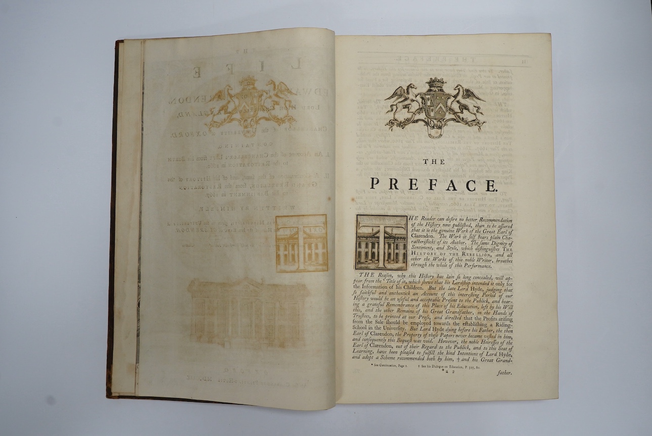 Clarendon, Edward Hyde (Earl of) The Life of Edward Earl of Clarendon ... . Written by Himself ... First Edition. engraved title vignette, portrait frontis., elaborate head and tailpiece decorations, historiated initial